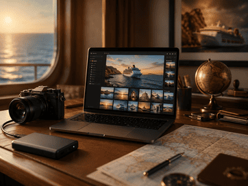 Scrivania con archivio digitale di viaggio, foto, video e ricordi del Giro del Mondo