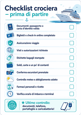 Checklist partenza crociera LiberePassioni con controlli prima della partenza e promemoria stampabile
