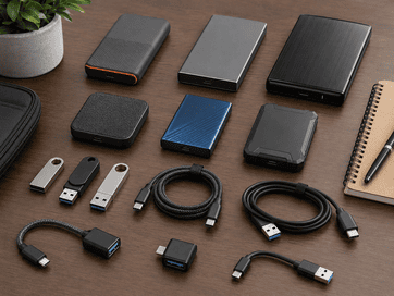 Dischi esterni SSD, pennette USB e cavi usati per ordinare foto e video dopo il viaggio