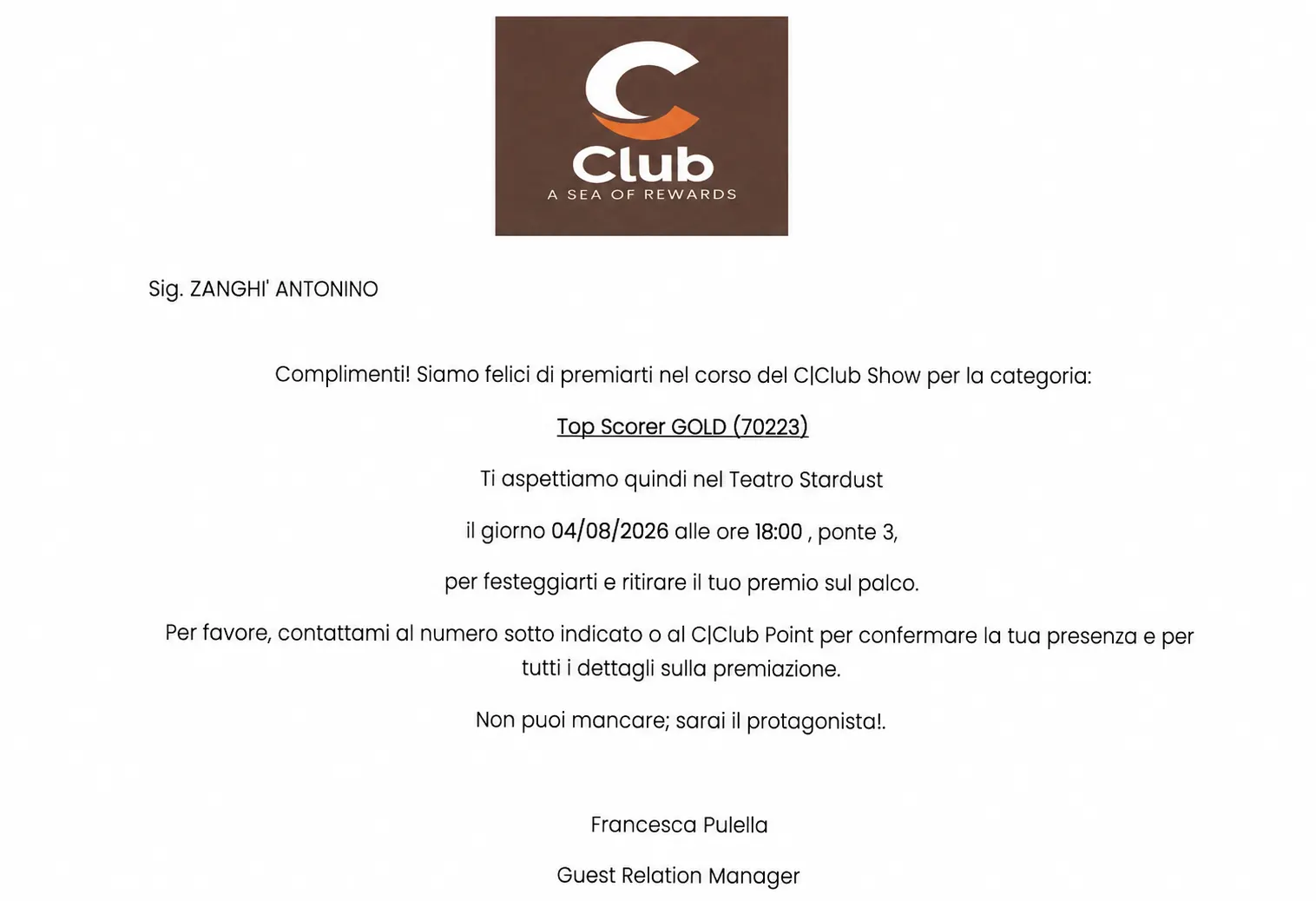 Invito Top Scorer GOLD CClub ricevuto a bordo di Costa Pacifica
