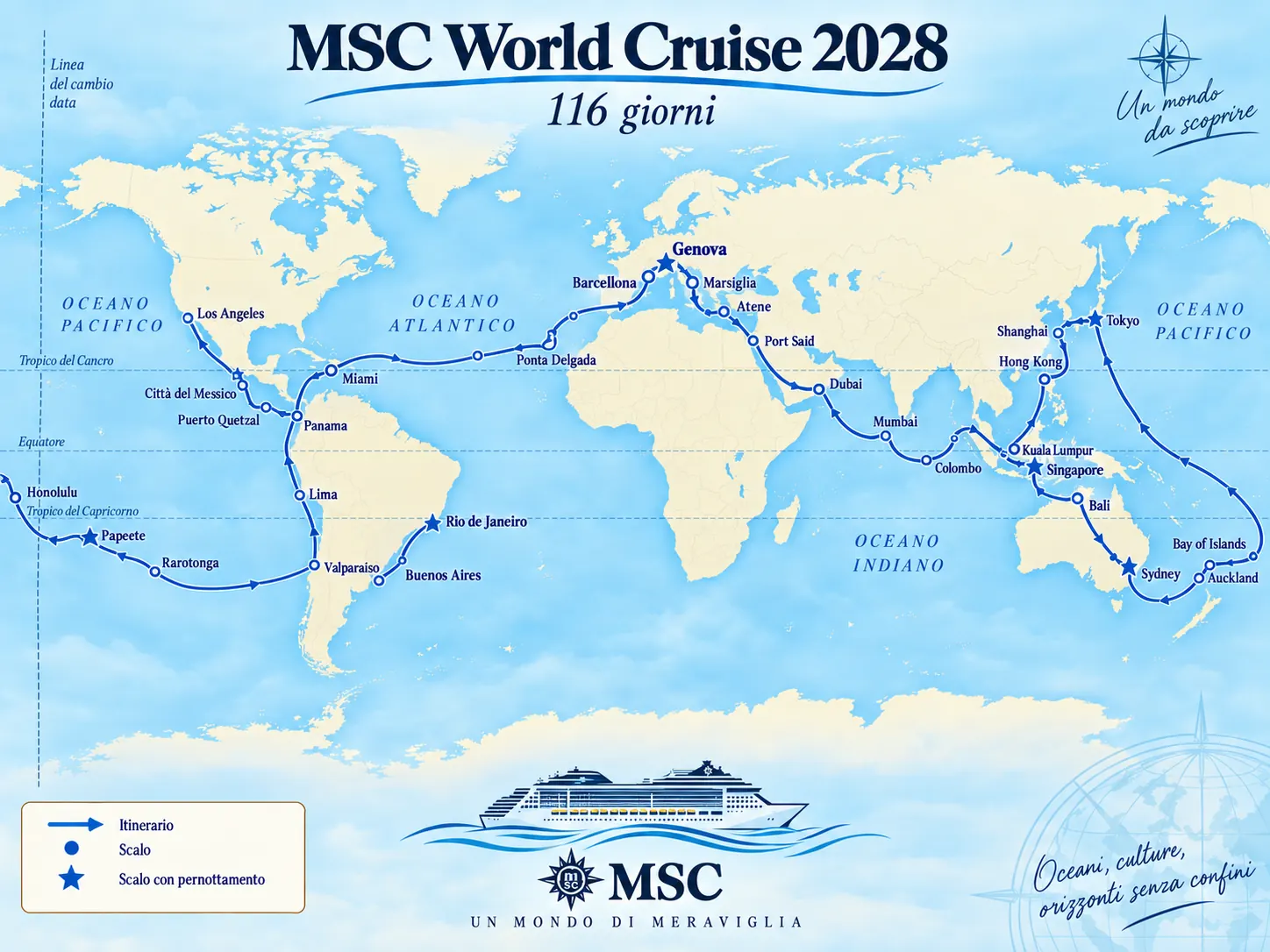 Mappa schematica MSC World Cruise 2028 con rotta intorno al mondo