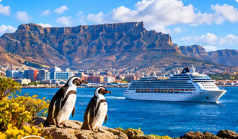 Città del Capo con Table Mountain e nave da crociera nel porto, scena illustrativa