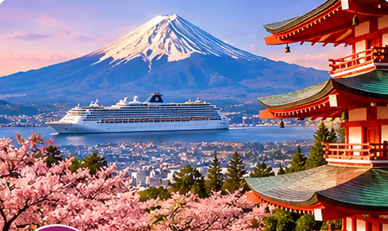 Giappone con Monte Fuji e architettura tradizionale, immagine illustrativa delle crociere in Asia