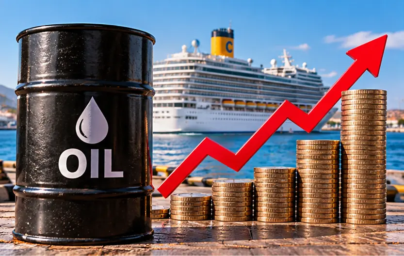 Black oil barrel, stacked coins and red upward arrow with a cruise ship in the background, representing rising fuel costs