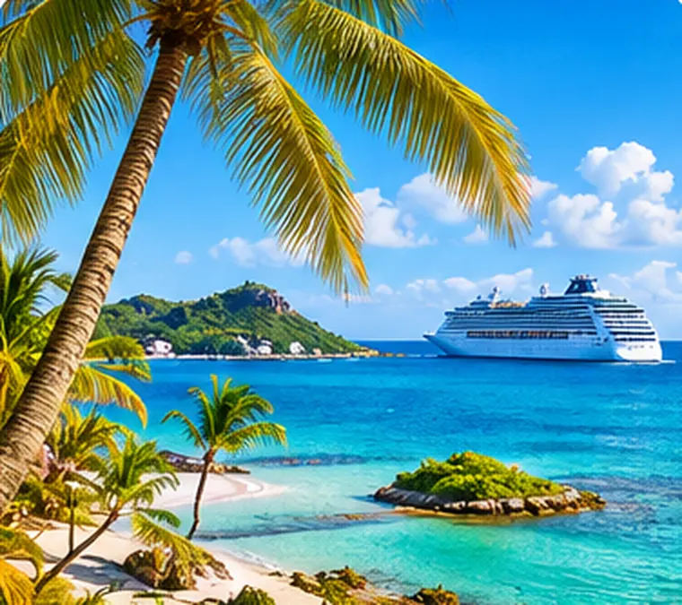 Spiaggia tropicale caraibica e nave da crociera vicino alla costa