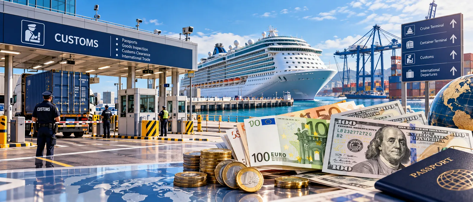 Tasse nei porti di crociera: nave passeggeri, controlli doganali e banconote in euro e dollari
