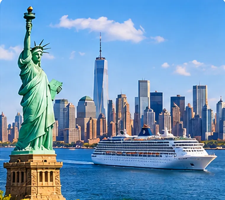 Panorama illustrativo dei porti di crociera del Nord America, tra skyline e nave in navigazione