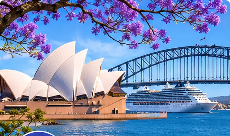 Sydney con Opera House, Harbour Bridge e nave da crociera, scena illustrativa