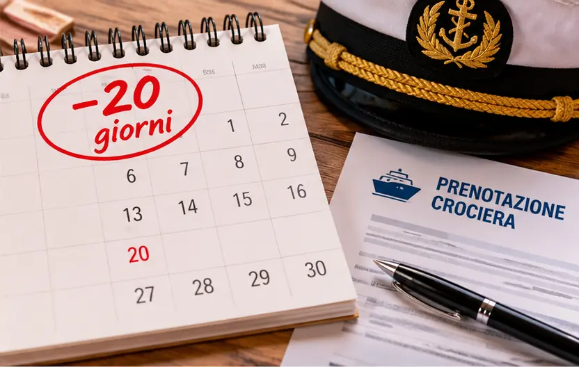 Calendar with a red 20-day deadline beside cruise booking documents
