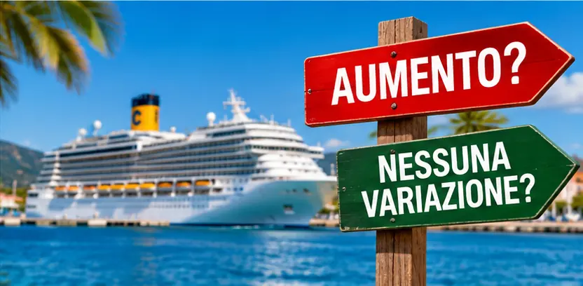 Cruise ship docked near direction signs asking about a price increase or no fare change