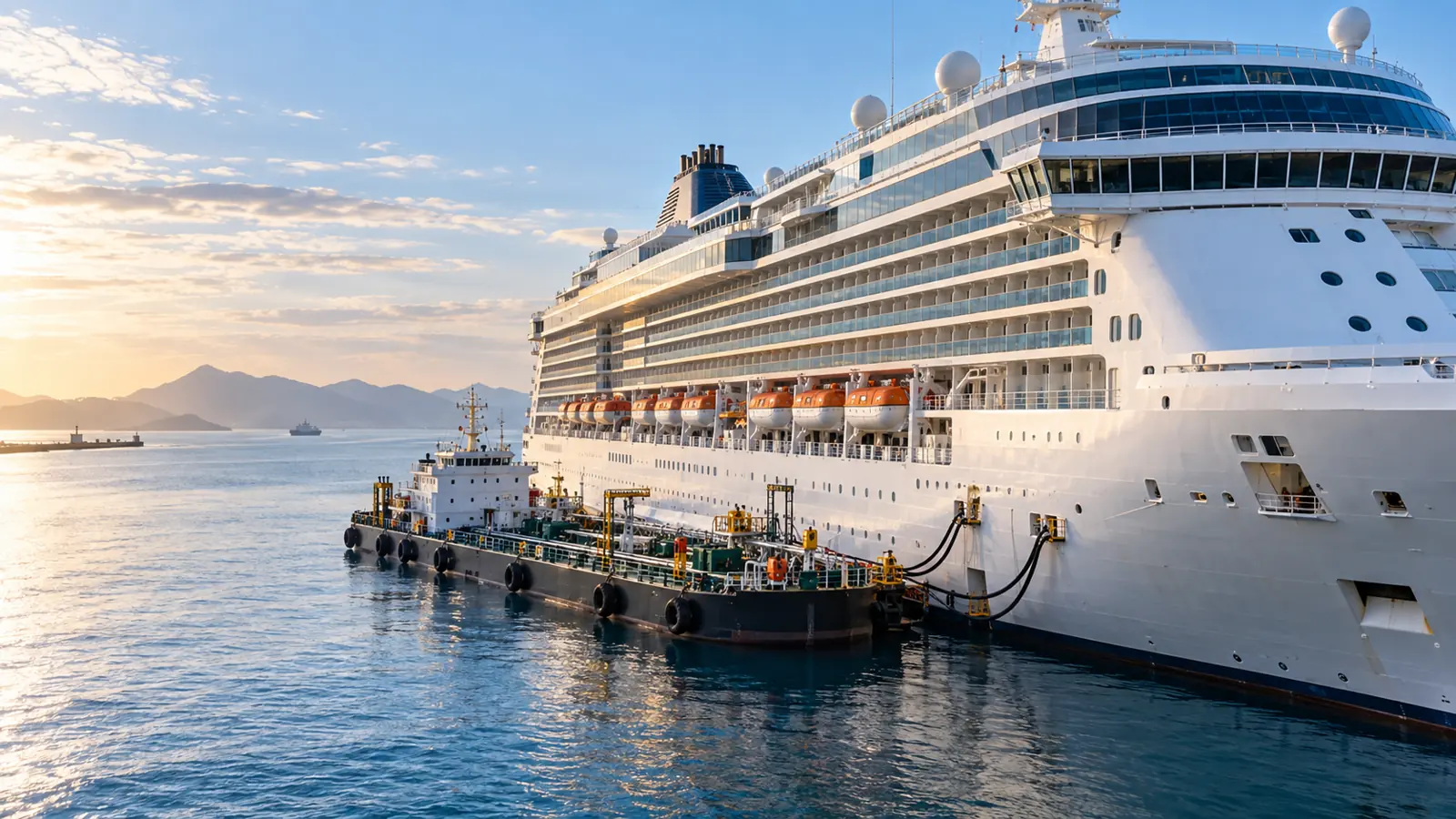 Cruise ship being supplied with fuel from a bunker barge alongside in port