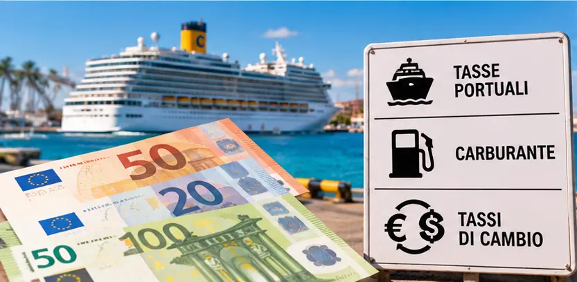 Euro banknotes next to a sign listing port taxes, fuel and exchange rates with a cruise ship behind